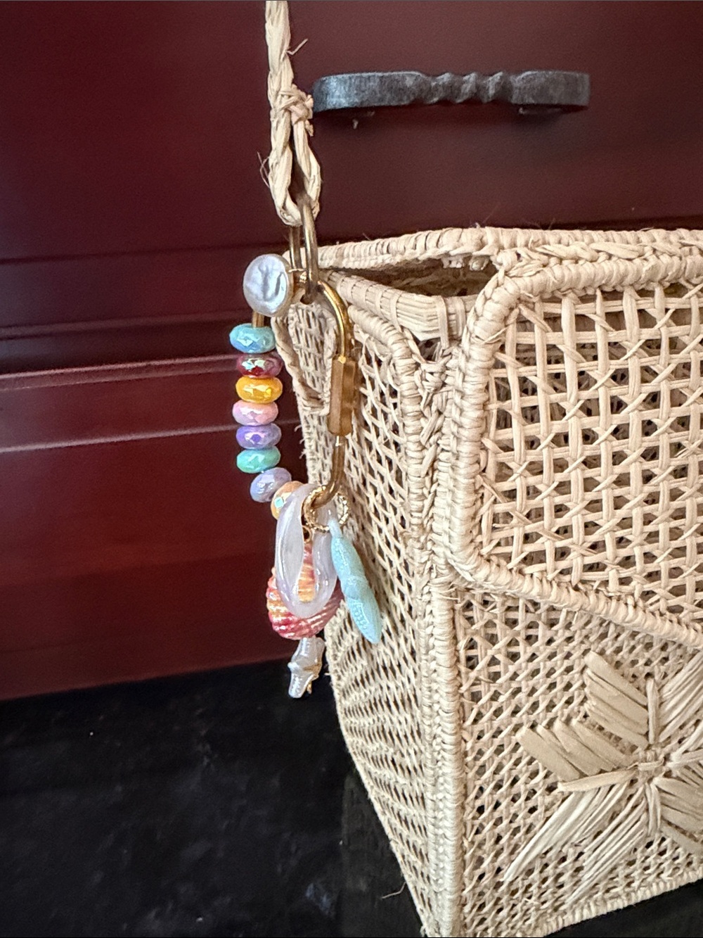 Beige Woven Straw Tote with Multicolor Bead Charm